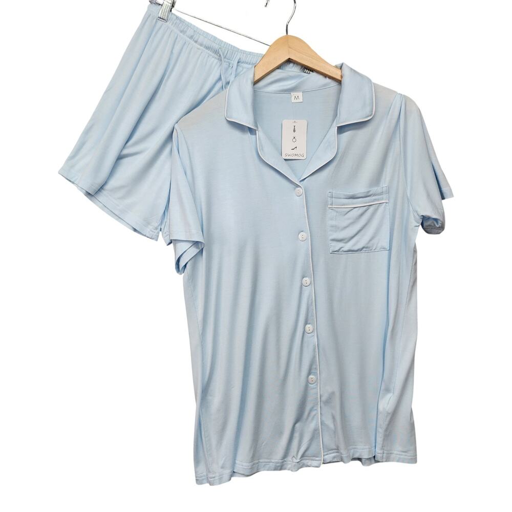 NWT SWOMOG Womens M Blue Button Down Pajama Set Shorts Soft Sleepwear Loungewear - Picture 2 of 14